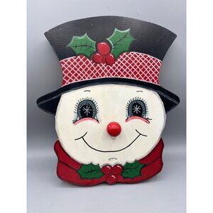Vtg Wooden Frosty Snowman Wall Hanging Christmas Hand Painted
